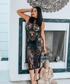 LeeLoo Couture Sequin Sheer Black Dress