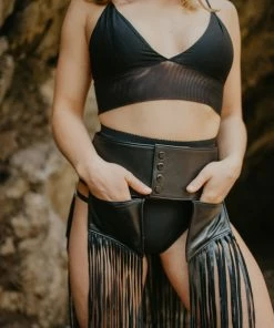 Alexa Stone Leather Belt With Fringe Black Accessories