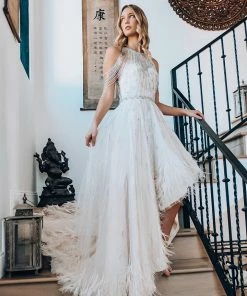 Hermz Dresses Beaded & Feather Hi Low Gown