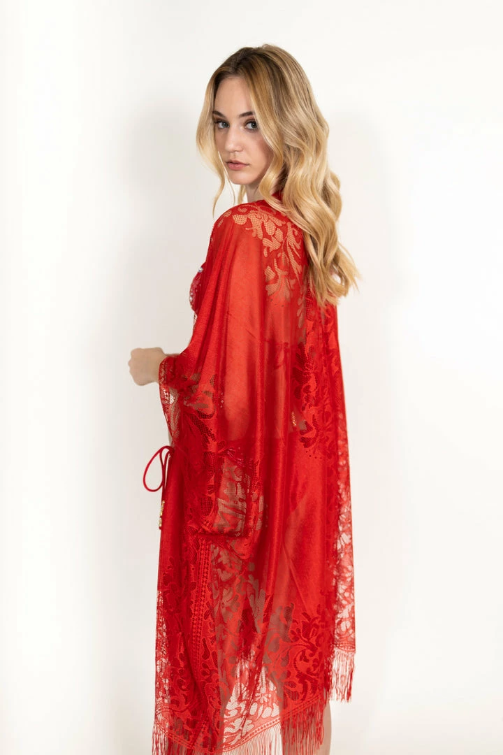 Epuu Lace Fringe Kimono Red 7 Epuu Lace Fringe Kimono Red