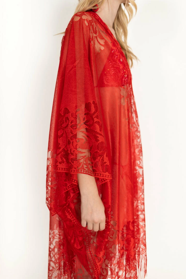 Epuu Lace Fringe Kimono Red 9 Epuu Lace Fringe Kimono Red