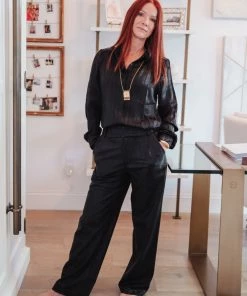 Q2 Tops Black Satin Long Sleeve Blouse