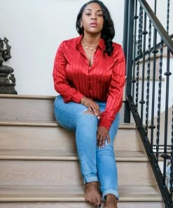 Q2 Red Satin Long Sleeve Blouse Tops