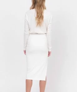 Stillwater Basics White Ribbed Midi Skirt With Side Split