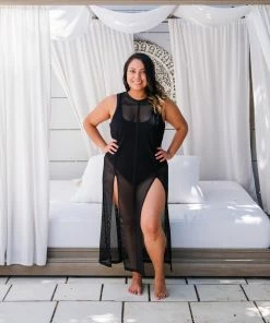 Blanc Noir Black Mesh Tunic With Double Split