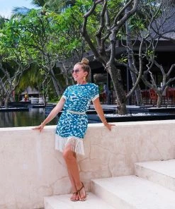 Pho Teal & White Fringe Dress Dresses