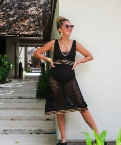 Beachy Side Dresses Black Crochet Dress With Gold Details