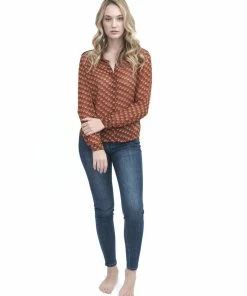 Q2 Camel Sheer Button Up Blouse Tops