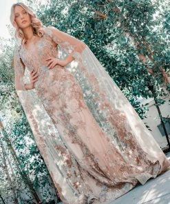 Hermz Dresses Beaded Floral Gown With Cape