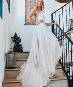 Hermz Dresses Beaded & Feather Hi Low Gown