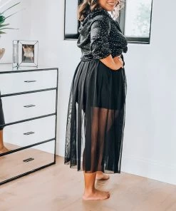Samantha Eng Bottoms Sheer Black Midi Skirt