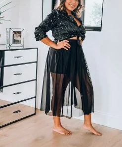 Q2 Black Long Sleeve Blouse With Shimmer Flecks Tops