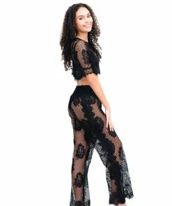 Waimari Tops Black Lace Leaf Crop Top