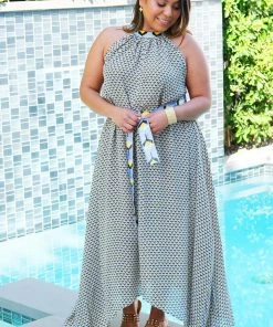 Taj Navy & Gold Asymmetrical Maxi Dress