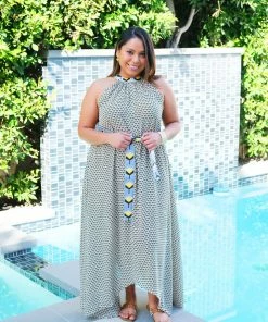 Taj Navy & Gold Asymmetrical Maxi Dress