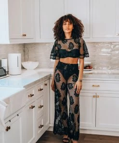 Waimari Bottoms Black Lace Leaf Palazzo Pant