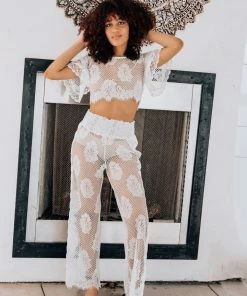 Waimari White Lace Leaf Palazzo Pant