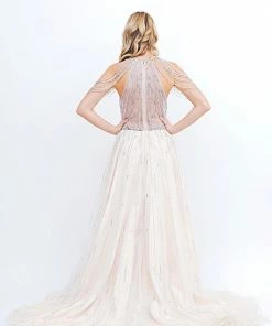 Hermz Dresses Beaded & Feather Hi Low Gown
