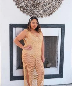 Beachy Side Maxi Beaded Net Cover Up Gold