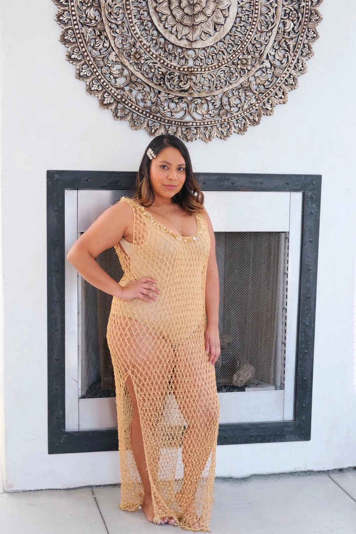 Beachy Side Maxi Beaded Net Cover Up Gold 4 Beachy Side Maxi Beaded Net Cover Up Gold