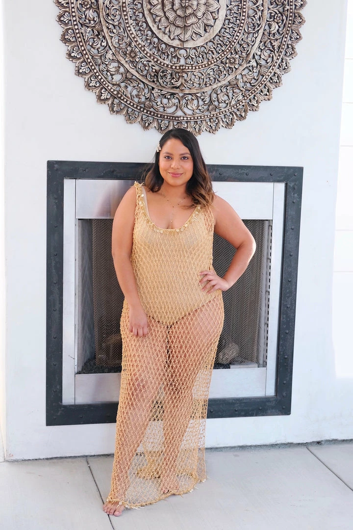 Beachy Side Maxi Beaded Net Cover Up Gold 5 Beachy Side Maxi Beaded Net Cover Up Gold