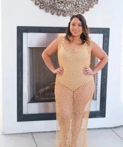 Beachy Side Maxi Beaded Net Cover Up Gold