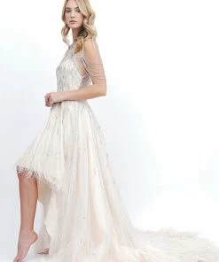 Hermz Dresses Beaded & Feather Hi Low Gown