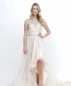 Hermz Dresses Beaded & Feather Hi Low Gown