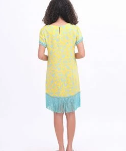 Pho Dresses Yellow & Aqua Fringe Dress