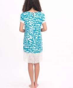 Pho Teal & White Fringe Dress Dresses