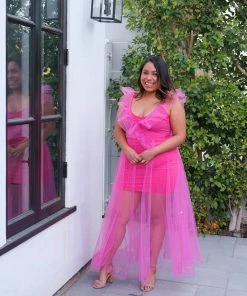 Pho Hot Pink Ruffled Tulle Dress