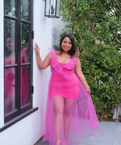 Pho Hot Pink Ruffled Tulle Dress