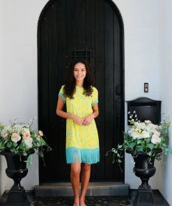 Pho Dresses Yellow & Aqua Fringe Dress