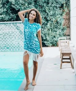 Pho Teal & White Fringe Dress Dresses
