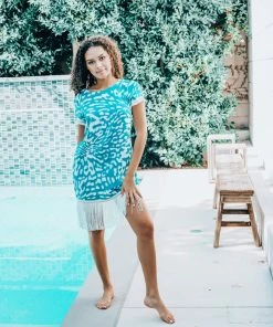 Pho Teal & White Fringe Dress Dresses