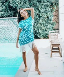 Pho Teal & White Fringe Dress Dresses