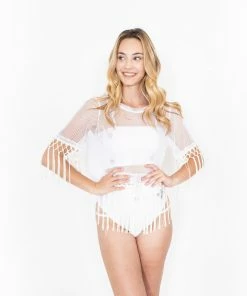 EastNWest Label White Mesh Crop Top With Fringe