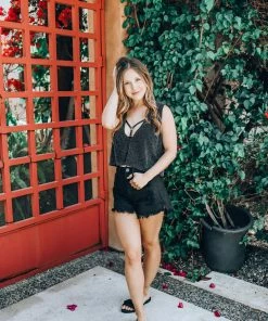 EastNWest Label Black Sparkle Sleeveless Crop Top Tops