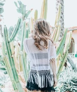 EastNWest Label White Mesh Crop Top With Fringe