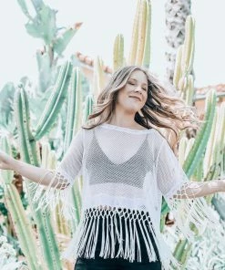 EastNWest Label White Mesh Crop Top With Fringe