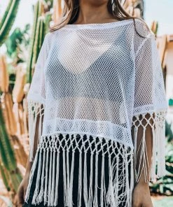 EastNWest Label White Mesh Crop Top With Fringe
