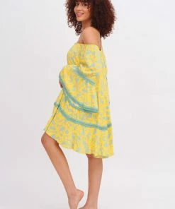 Pho Dresses Yellow & Aqua Off The Shoulder Dress