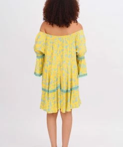 Pho Dresses Yellow & Aqua Off The Shoulder Dress