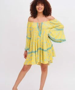 Pho Dresses Yellow & Aqua Off The Shoulder Dress