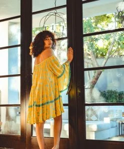 Pho Dresses Yellow & Aqua Off The Shoulder Dress