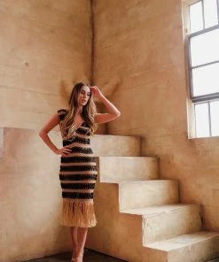 Beachy Side Black And Gold Crochet Fringe Dress Dresses