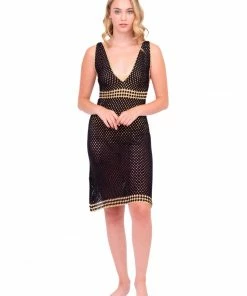 Beachy Side Dresses Black Crochet Dress With Gold Details