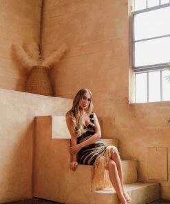 Beachy Side Black And Gold Crochet Fringe Dress Dresses