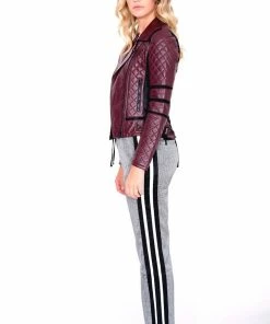 Blanc Noir Jackets Maroon Quilted Faux Leather Moto Jacket