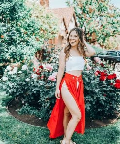 EastNWest Label Mesh Belted Skirt Red